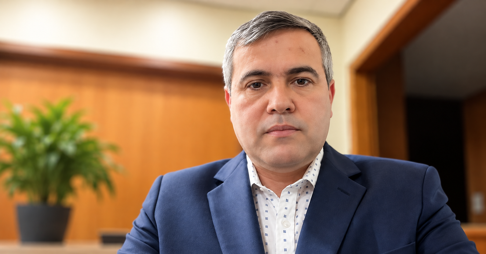 Alexandre Bartoli em ambiente interno, vestindo paletó azul-marinho